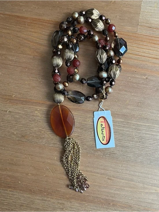 Talbots beaded statement necklace mix of brown, orange, and gold-toned glass - Picture 8 of 9